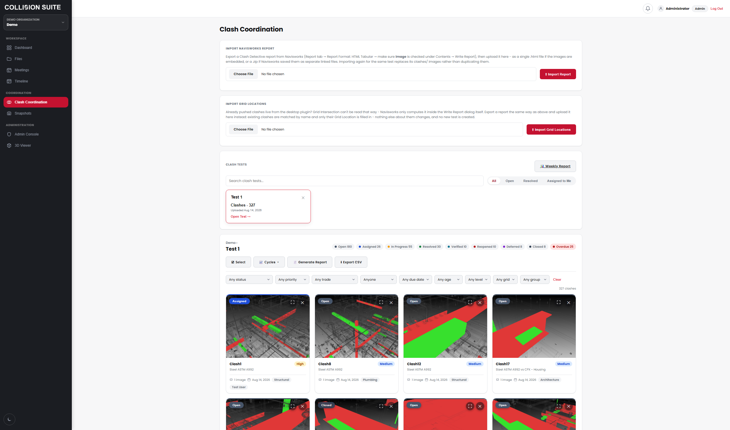 Clash Coordination tab - imported Navisworks clash tests with review status and assignment