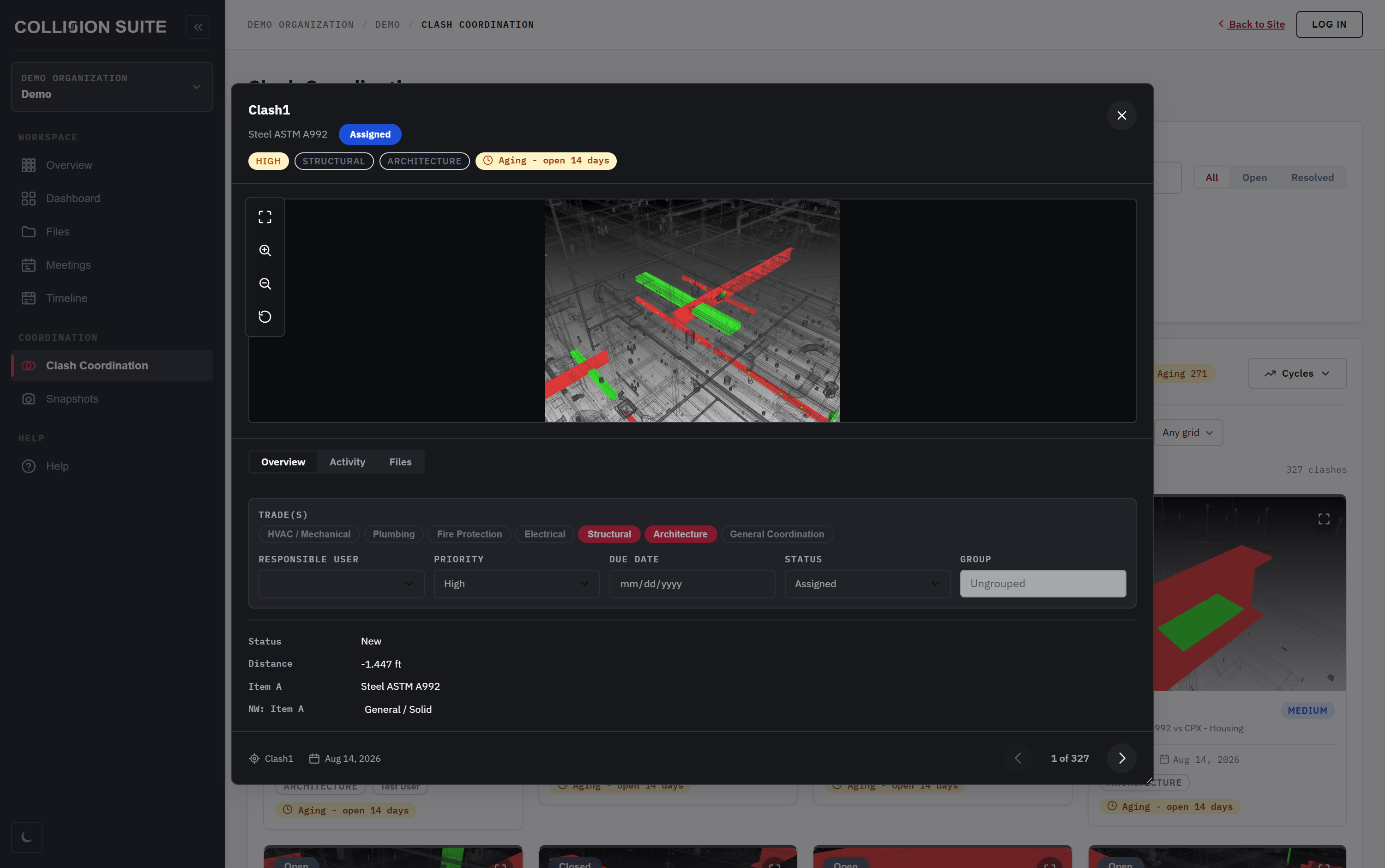 Clash detail - the clash image with trade, responsible user, priority, due date, status and group controls, plus activity and files tabs