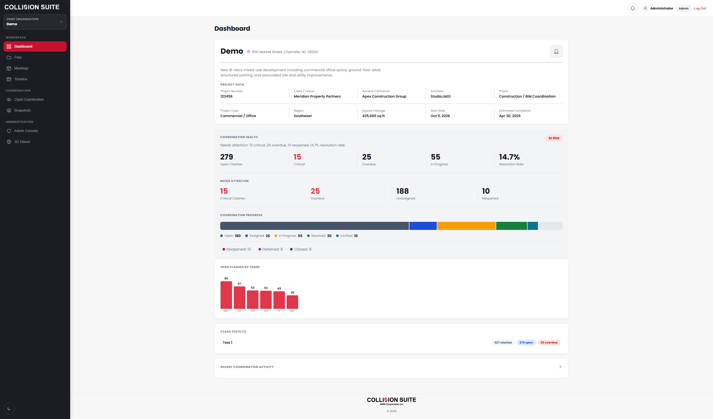 JAED Collision Suite dashboard - KPIs, clash density heatmap, and recent activity