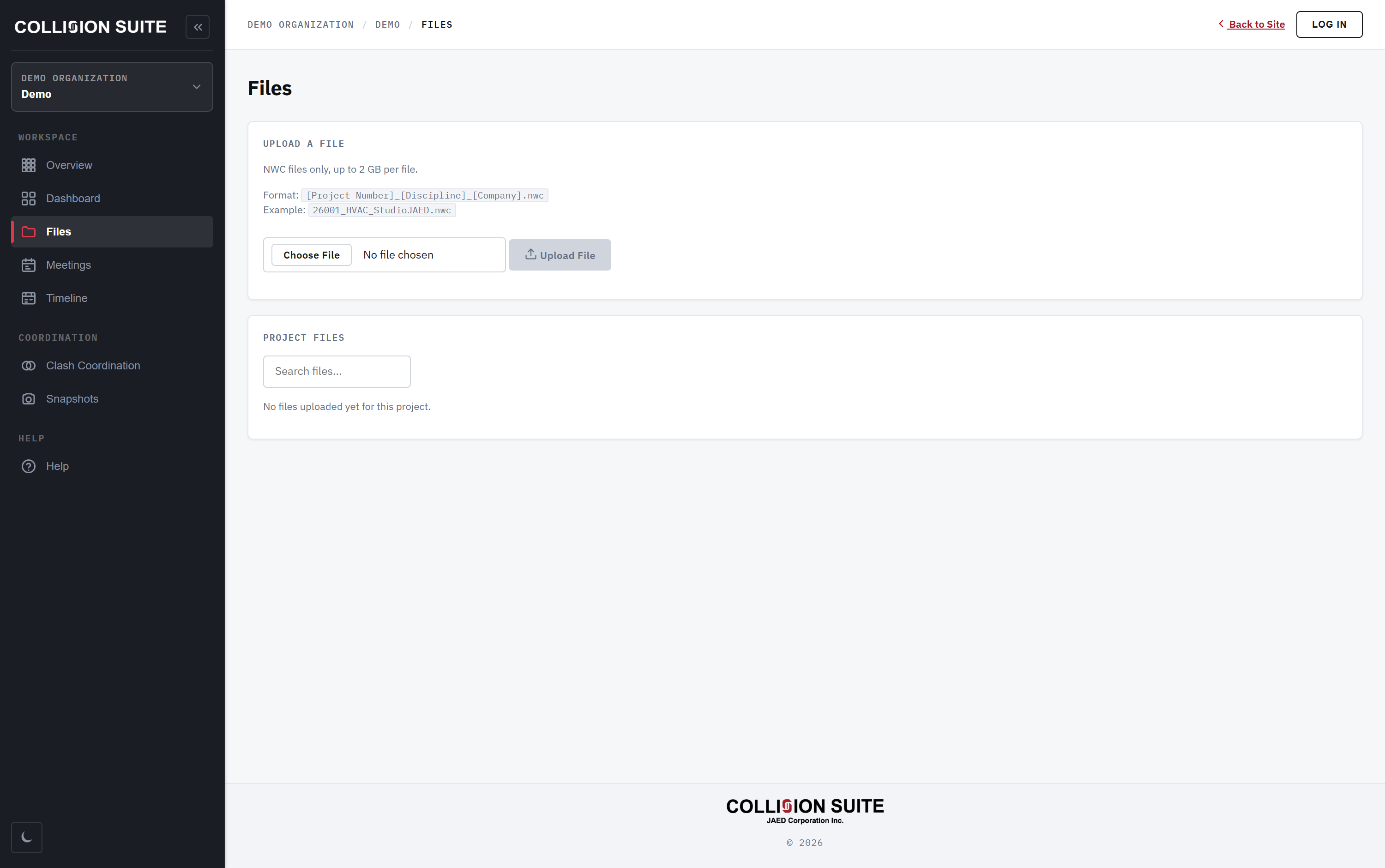 Files - per-project file list with weekly grouping, uploader, and size