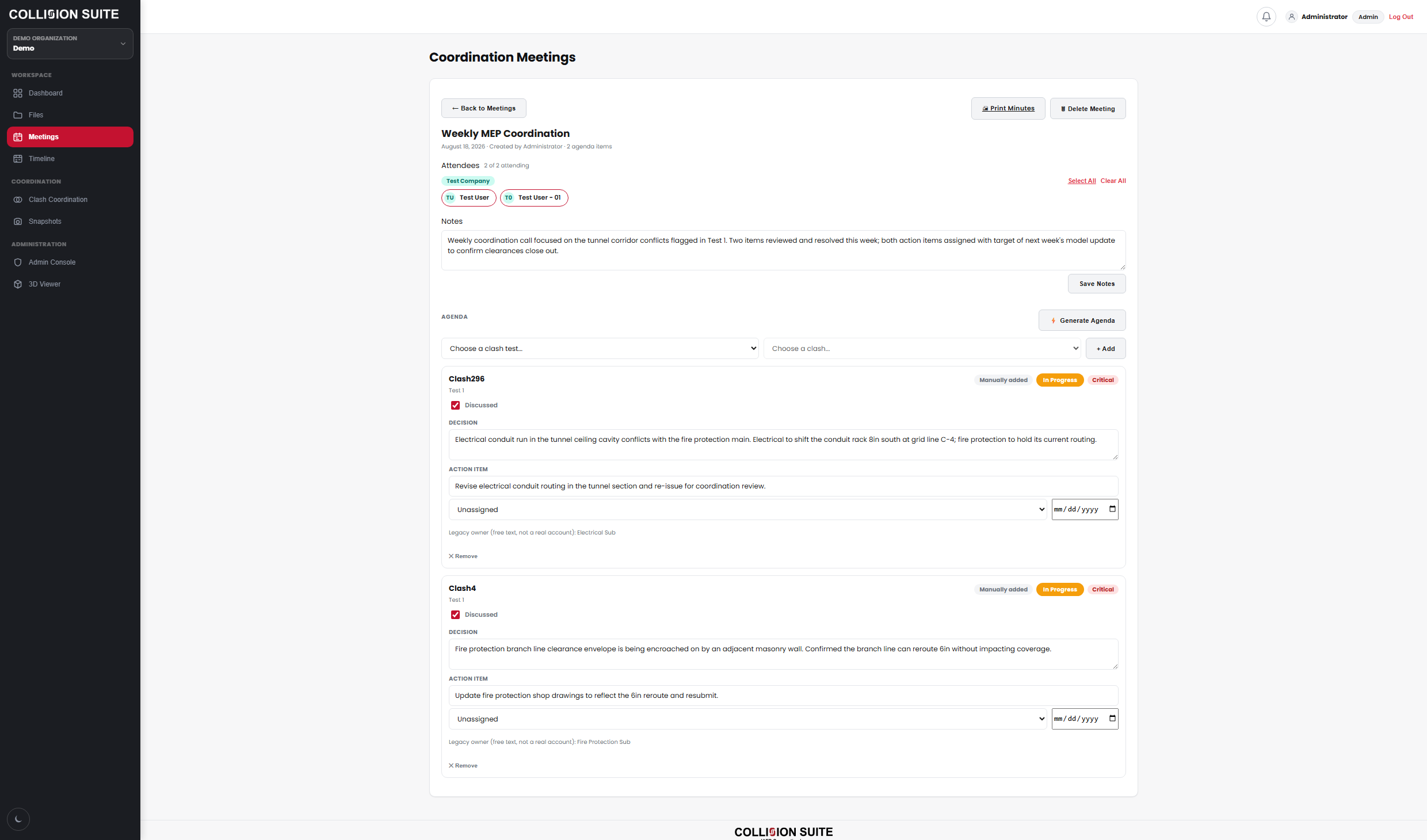 Meetings tab - coordination-meeting agenda, action items, and printable minutes