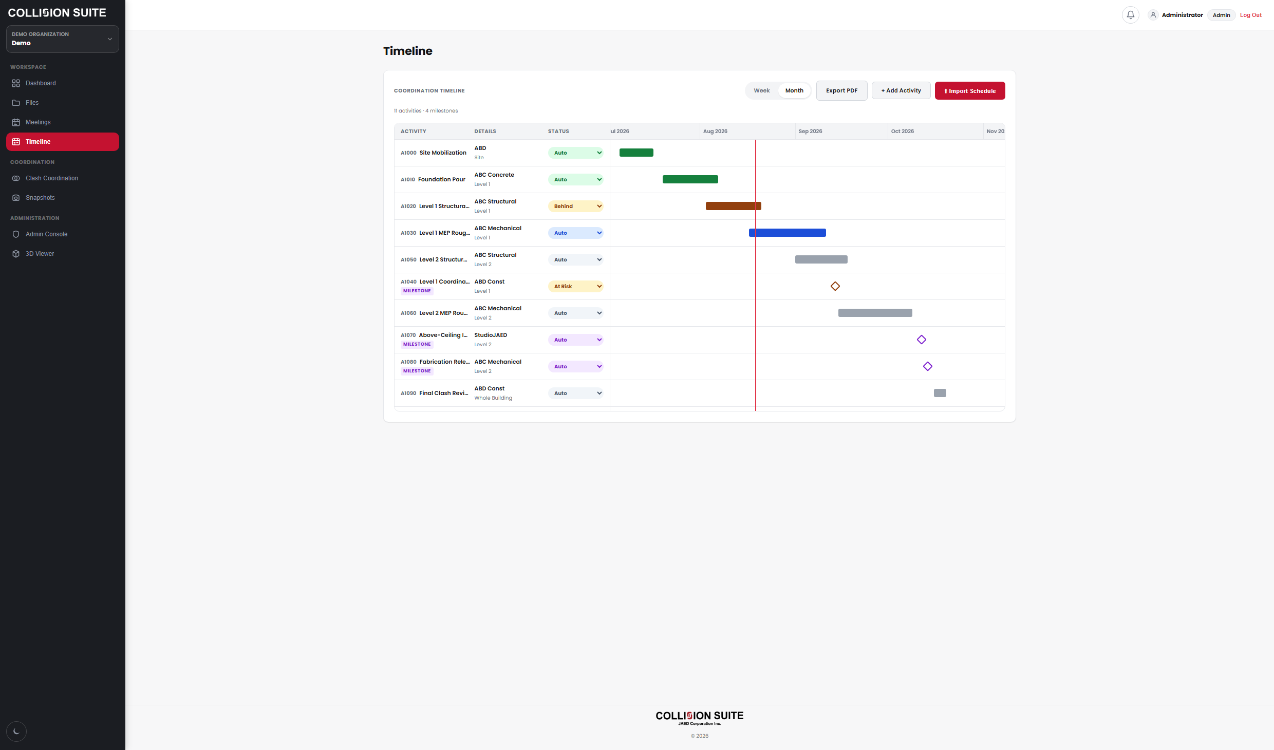 Timeline tab - construction schedule import and Gantt-style progress view